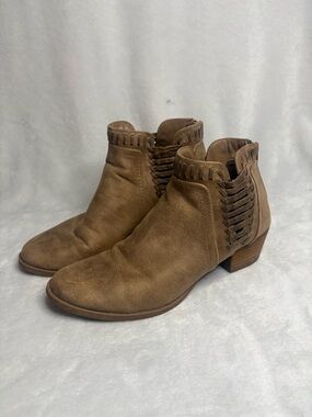 Fergie Tan Suede Ankle Booties with Braided Side Detail